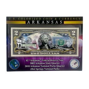 U.S. Colorized Coin & Currency Arkansas State - $2 Bill & 2 Quarters